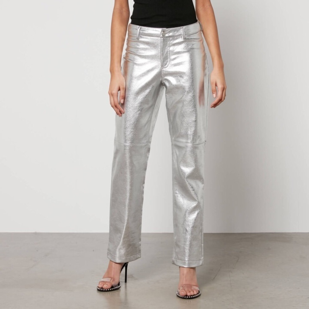H&M Silver Metallic Faux Leather Straight Leg 5 Pockets Trousers
